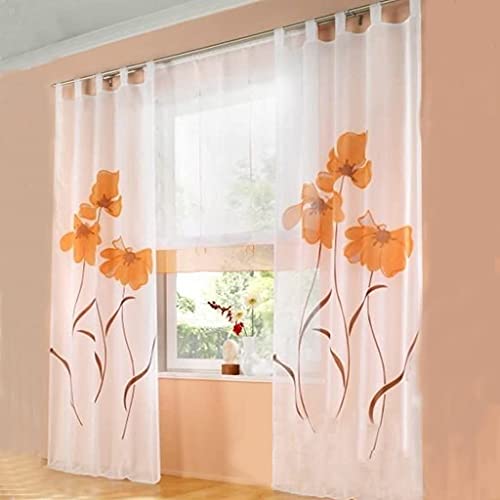 SIMPVALE 2 stücks Gardinenschal Gardine Print Blumen Vorhang für Wohnzimmer Schlafzimmer Schlaufenschal, Breite 150cm / Höhe 145cm, Orange von SIMPVALE