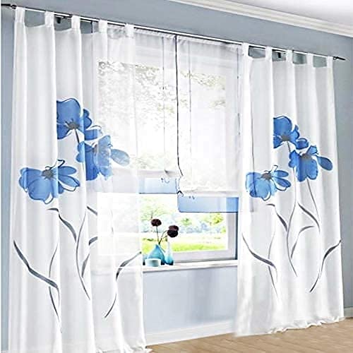 SIMPVALE 2 stücks Gardinenschal Gardine Print Blumen Vorhang für Wohnzimmer Schlafzimmer Schlaufenschal, Breite 150cm / Höhe 175cm, Blau von SIMPVALE