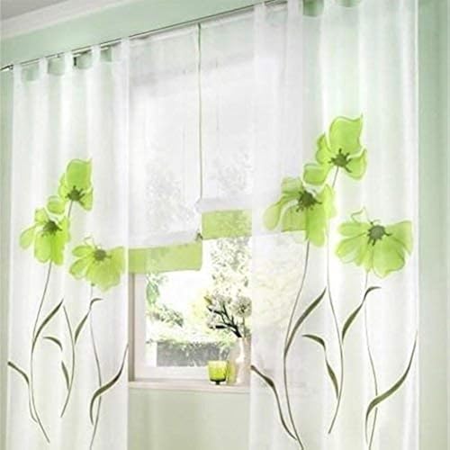SIMPVALE 2 stücks Gardinenschal Gardine Print Blumen Vorhang für Wohnzimmer Schlafzimmer Schlaufenschal, Breite 150cm / Höhe 245cm, Grün von SIMPVALE