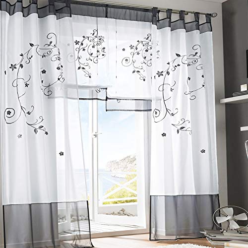SIMPVALE Vorhänge mit Blumen Muster, Schlaufenschal 2er Set, Stickerei Voile Vorhang Transparent, Stores Gardine für Wohnzimmer, Balkon Schlafzimmer, Weiß mit Grau,Breite 140 Höhe 245 pro Stück von SIMPVALE