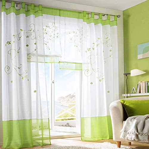 SIMPVALE Vorhänge mit Blumen Muster, Schlaufenschal 2er Set, Stickerei Voile Vorhang Transparent, Stores Gardine für Wohnzimmer, Balkon Schlafzimmer, Weiß mit Grün, Breite 140 Höhe 175 pro Stück von SIMPVALE