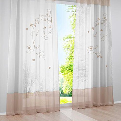 SIMPVALE Vorhänge mit Blumen Muster, Schlaufenschal 2er Set, Stickerei Voile Vorhang Transparent, Stores Gardine für Wohnzimmer, Balkon Schlafzimmer, Weiß mit Khaki,Breite 140 Höhe 225 pro Stück von SIMPVALE