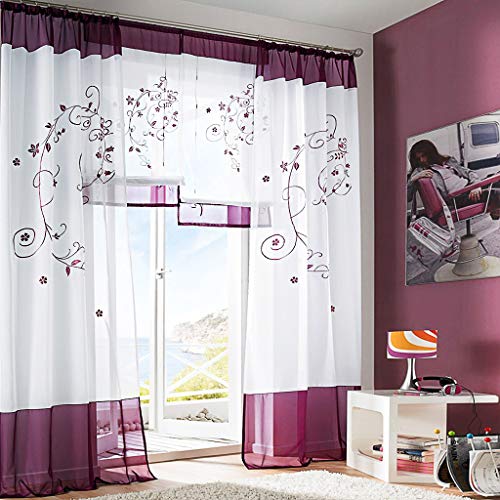 SIMPVALE Vorhänge mit Blumen Muster, Schlaufenschal 2er Set, Stickerei Voile Vorhang Transparent, Stores Gardine für Wohnzimmer, Balkon Schlafzimmer, Weiß mit Purpur, Breite 140 Höhe 145 pro Stück von SIMPVALE