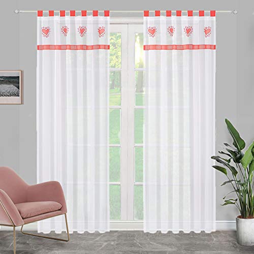 SIMPVALE 2er Set Vorhänge mit Schlaufen - Gardine Voile mit süßem Herz Stickerei - Fensterbehandlung für Schlafzimmer Wohnzimmer Kinderzimmer Balkon, Rot, 140x145cm von SIMPVALE