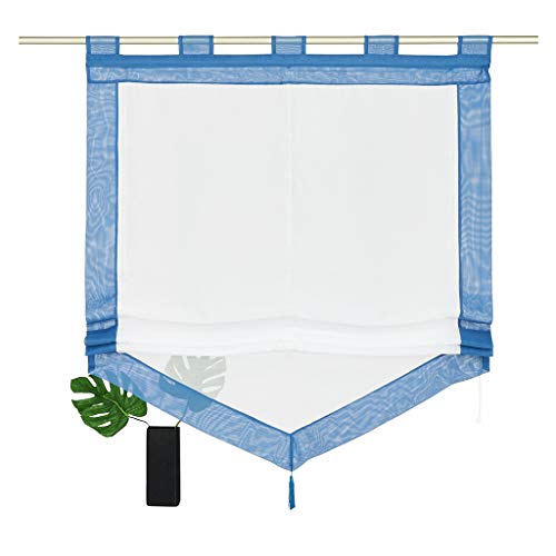 SIMPVALE - Raffrollo für Küche Bad Balkon - Hebbarer transparenter Voile Fenstervorhang mit Quastendekor blau 100x140cm von SIMPVALE