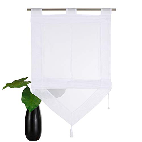 SIMPVALE Raffrollo für Küche Bad Balkon – hebbarer transparenter Voile Fenstervorhang mit Quastendekoration, weiß, Width 45cm/Height 140cm von SIMPVALE