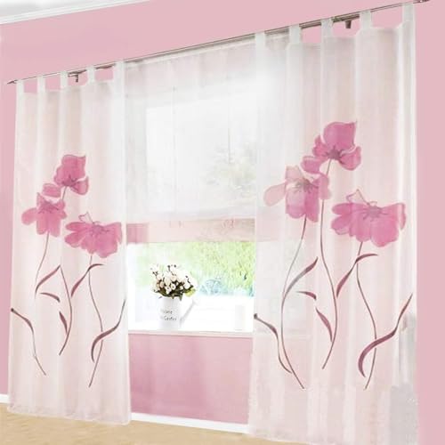 SIMPVALE Schlaufenschal Vorhänge Gardinen Wohnzimmer Vorhang Blumen Muster Schlaufengardinen 1 Stück, Transparenz übergardinen, Gardinen mit Schlaufen,H 145 x B150cm Rosa mit Weiß von SIMPVALE
