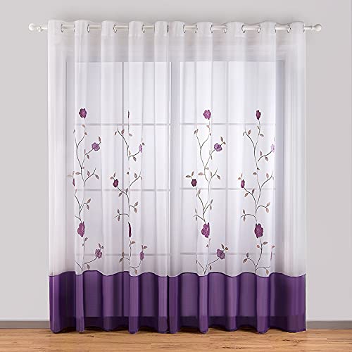 SIMPVALE Voile Curtains Panel Semi Transparent Sheer Window Net Curtains Floral Embroidered Drape with Eyelet for Living Room Bedroom Kitchen Balcony, 1 Panel, 55"(Width) x 57"(Drop), Purple von SIMPVALE