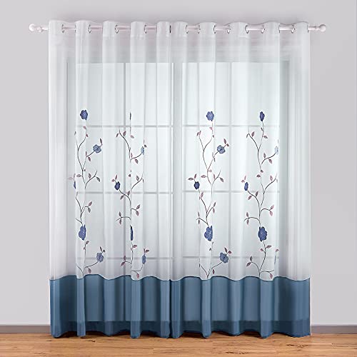 SIMPVALE Voile Curtains Panel Semi Transparent Sheer Window Net Curtains Floral Embroidered Drape with Eyelet for Living Room Bedroom Kitchen Balcony, 2 Panels, 55"(Width) x 89"(Drop), Blue von SIMPVALE