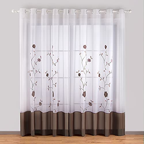 SIMPVALE Voile Curtains Panel Semi Transparent Sheer Window Net Curtains Floral Embroidered Drape with Eyelet for Living Room Bedroom Kitchen Balcony, 2 Panels, 55"(Width) x 89"(Drop), Brown von SIMPVALE