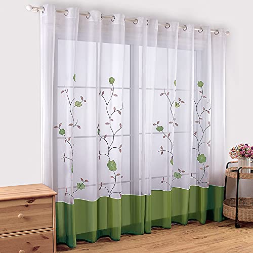 SIMPVALE Voile Curtains Panel Semi Transparent Sheer Window Net Curtains Floral Embroidered Drape with Eyelet for Living Room Bedroom Kitchen Balcony, 2 Panels, 55"(Width) x 89"(Drop), Green von SIMPVALE