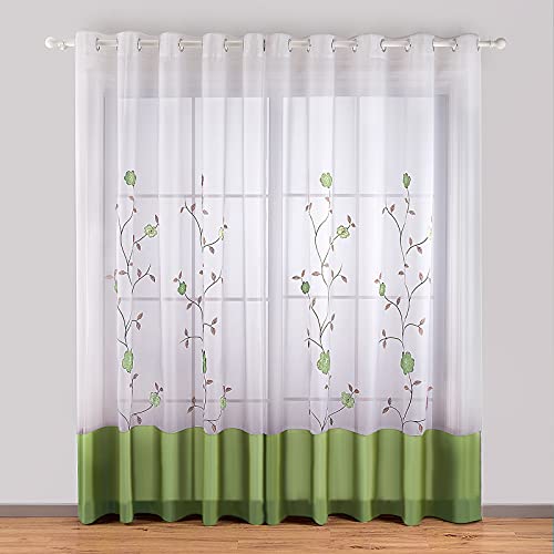 SIMPVALE Voile Curtains Panel Semi Transparent Sheer Window Net Curtains Floral Embroidered Drape with Eyelet for Living Room Bedroom Kitchen Balcony, 2 Panels, 55"(Width) x 98"(Drop), Green von SIMPVALE