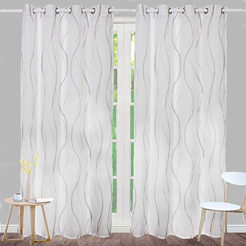 SIMPVALE Voile Vorhang Gardinenschal Wellen Druck Design Transparent Vorhänge Ösenschal Fensterschal Wohnzimmer Schlafzimmer 2er Set, Hellbraun, 140x245cm von SIMPVALE