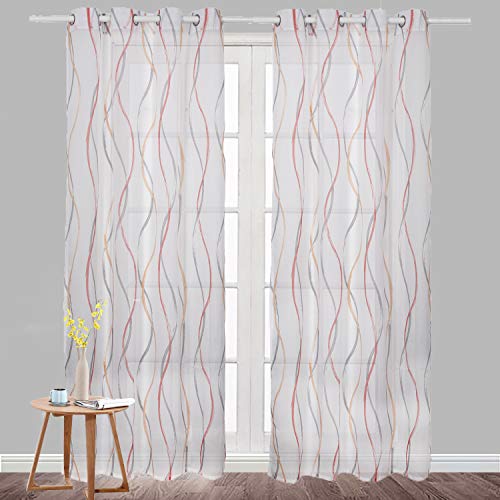 SIMPVALE Voile Vorhang Gardinenschal Wellen Druck Design Transparent Vorhänge Ösenschal Fensterschal Wohnzimmer Schlafzimmer 2er Set, Orange, 140x145cm von SIMPVALE