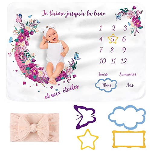 SIMSPEAR Baby Meilenstein Decke, Baby Monats Matte für Mädchen oder Jungen, Babyparty Geschenk für Mama mit 4 Bilderrahmen, Weiche Decke, Baby Monats Fotodecke 130 x 100 cm von SIMSPEAR