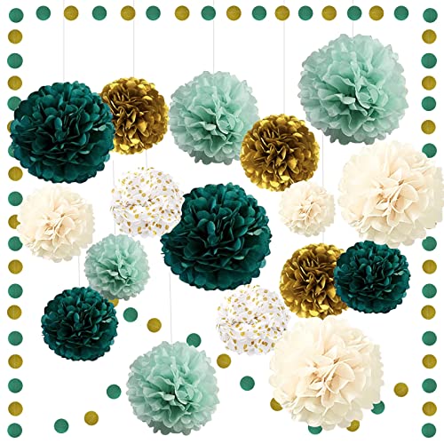 Seidenpapier Pompons Deko Grün,SIMSPEAR 19 Stück Pompons Deko mit Papier Girlande Runde,Grün Gold Tissue Pom Poms für Hochzeitsdeko Braut Babyparty Geburtstag Party von SIMSPEAR