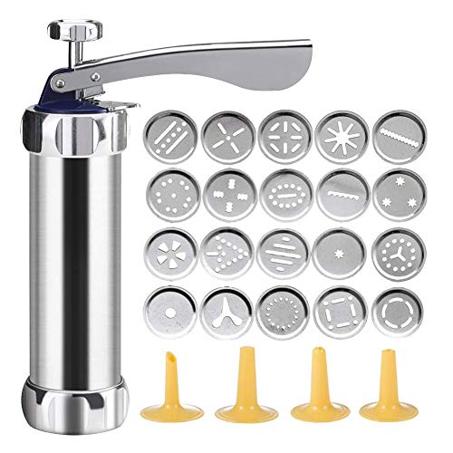 Cookie Press Aus Aluminium Kekspresse-Set, Keksmaschine Gebäckpresse mit 20 Aufsätzen und 4 Spritzaufsätzen für dünnen Teig, Edelstahl, Silber von SIMUER