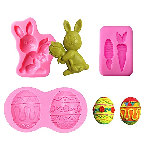 SIMUR 3 x Oster-Silikonformen für Fondant, Eierform, Kaninchen, Süßigkeiten, Ostern, 3D-Gummifußformen, Hasen- und Karottenkuchen-Backform für Cupcake-Topper, Schokolade, Gebäck, Keks-Dekor, rosa von SIMUER