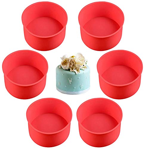 6-teiliges rundes Kuchenformen-Set, Silikonformen zum Backen, Antihaftbeschichtung und Schnellverschluss-Backformen für Käsekuchen, Regenbogenkuchen und Chiffon-Kuchen – 10,2 cm rot von SIMUER