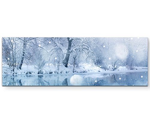 SIN-US 74 Foto auf Leinwand gedruckt – Winterlandschaft mit Fluss und Schneefall - Panoramabild auf Leinwand in 120x40cm von SIN-US 74