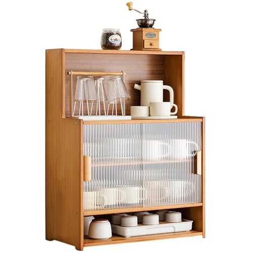 SINBINTA Bambus-Küchen-Sideboard, Küchenschrank mit 2 Glasschiebetüren, freistehender Essschrank, Aufbewahrungsschrank für Flaschen, Schalen, 55 cm lang plus Höhe) von SINBINTA