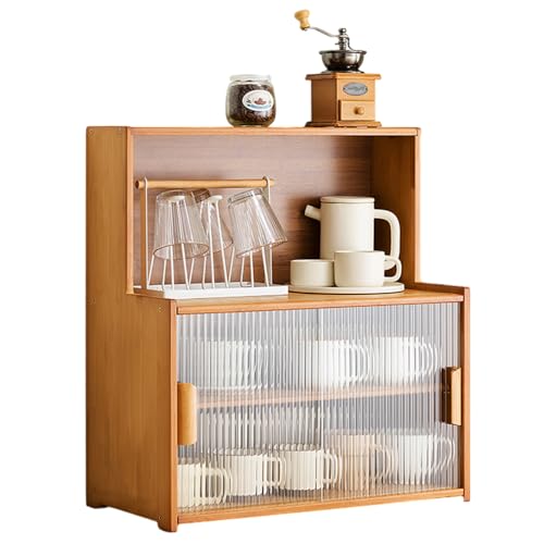 SINBINTA Bambus-Küchen-Sideboard, Küchenschrank mit 2 Glasschiebetüren, freistehender Essschrank, Aufbewahrungsschrank für Flaschen, Schalen, 55 cm lang von SINBINTA
