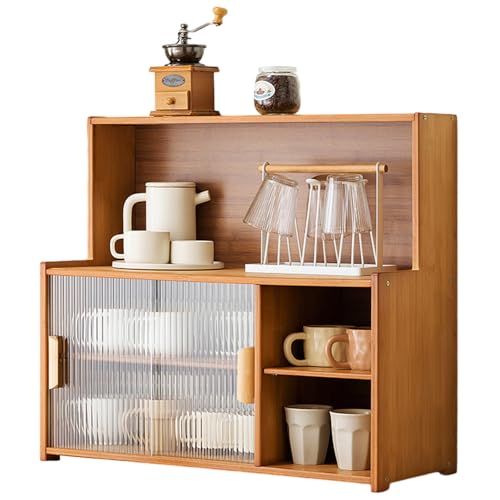 SINBINTA Bambus-Küchen-Sideboard, Küchenschrank mit 2 Glasschiebetüren, freistehender Essschrank, Aufbewahrungsschrank für Flaschen, Schalen, 67 cm lang von SINBINTA