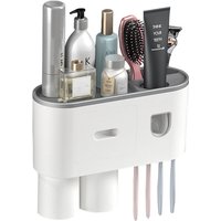Zahnbürstenhalter Wandmontage mit automatischem Zahnpastaspender, 4 Zahnbürstenschlitze mit staubdichter Abdeckung, 2 Magnetbecher und von SINBINTA