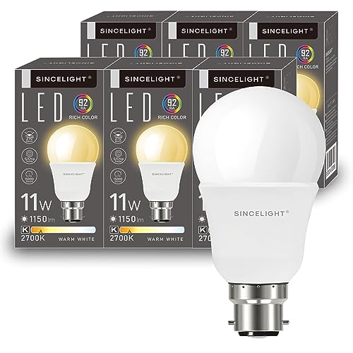 SINCELIGHT 11W LED-Glühbirnein mit B22-Sockel, 1150 Lumen, 100W Äquivalent, Warmweiß (2700K), Nicht Dimmbar, 6er-Pack von SINCELIGHT