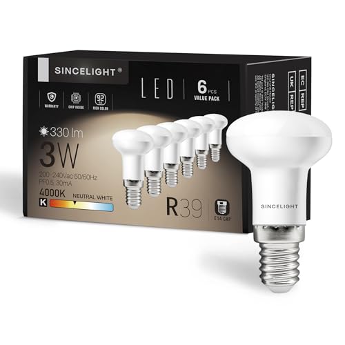 SINCELIGHT LED 5W Glühbirnen mit E14 Sockel, R39 Reflektor mit milchigem Diffusor, Sanfteres und milderes Spotlight, Neutral Weiß 4000K, Satte Farbe RA≈85, 6er-Pack von SINCELIGHT