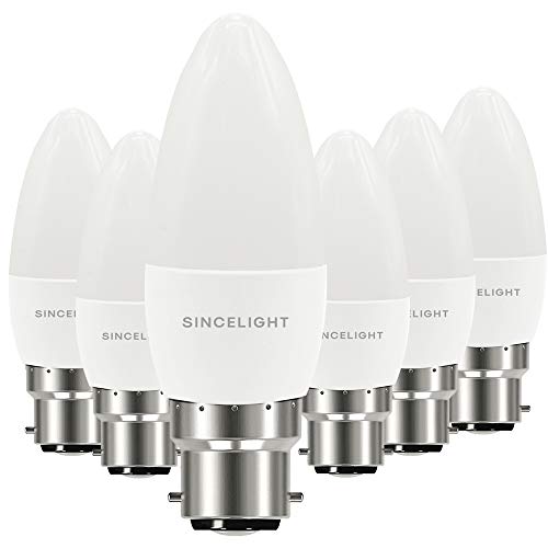 SINCELIGHT LED-Glühbirnein Kerzenform mit B22-Sockel,RA≈92, 5W(500Lumen)≈50W Halogen, Kaltweiß (6500K), Nicht Dimmbar, 6er-Pack von SINCELIGHT