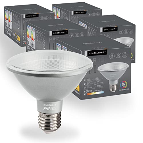 SINCELIGHT PAR30s LED-Glühbirne mit E27 Sockel, mit 38° Optischem Reflektor, 10W, Reiche Farbe RA≈92, Neutralweiß 4000K, 900 Lumen Äquivalent zu 90W Halogen, Packung mit 5 von SINCELIGHT