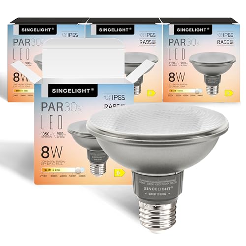 SINCELIGHT PAR30s LED-Glühbirne mit E27 Sockel, mit 38° Optischem Reflektor, 8W, Reiche Farbe RA≈95, Umschaltbar von Warmweiß auf Kaltweiß, 1050 Lumen Äquivalent zu 100W Halogen, Packung mit 4 von SINCELIGHT