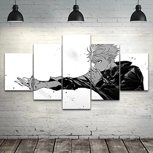 SINGLEAART Leinwanddrucke,5 Teilige Druck Auf Leinwand,5 Stück Wandbild,Wohnzimmer Dekoration,Jujutsu Kaisen,Gojo Satoru,Modular Wandkunst,100×50Cm Mit Rahmen Abstraktes Plakat von SINGLEAART