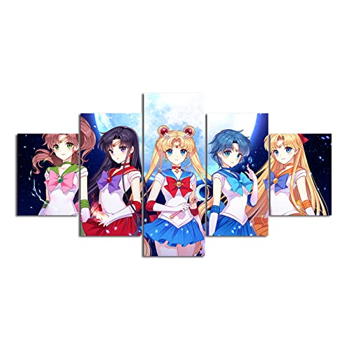 SINGLEAART Leinwanddrucke,5 Teilige Druck Auf Leinwand,5 Stück Wandbild,Wohnzimmer Dekoration,Sailor Moon,Aino Minako,Rei Hino,Kino Makoto,Mizuno Ami,Tsukino Usagi,Modular Wandkunst,150×80 Mit Rahmen von SINGLEAART