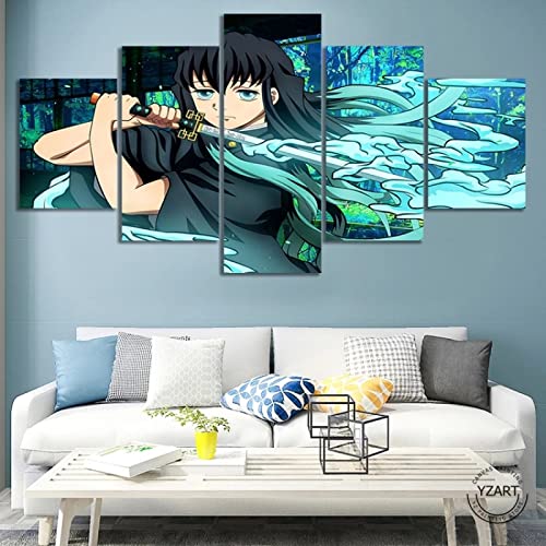 SINGLEAART Leinwanddrucke,5 Teilige Druck Auf Leinwand,5 Stück Wandbild,Wohnzimmer Dekoration,Tokitou Muichirou,Dämonenjägerin,Demon Slayer,Modular Wandkunst,150×80Cm Mit Rahmen Abstraktes Plakat von SINGLEAART