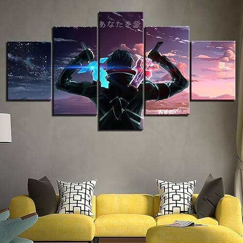 SINGLEAART Leinwanddrucke,5 Teilige Druck auf Leinwand,5 Stück Wandbild,Wohnzimmer Dekoration,Modular Wandkunst,Brettmalerei,Bereit zum Aufhängen,Kazuto Kirigaya Sword Art Online (100x50cm) von SINGLEAART