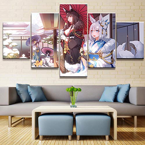 SINGLEAART Leinwanddrucke,5 Teilige Leinwand,5 Stück Wandbild,Wohnzimmer Dekoration,Modular Wandkunst,Brettmalerei,Geburtstagsgeschenk,Akagi Azur Lane Anime Girl,150Cm×80Cm,Mit Rahmen von SINGLEAART