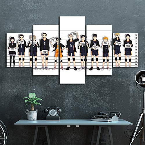 SINGLEAART Leinwanddrucke,5 Teilige Leinwand,5 Stück Wandbild,Wohnzimmer Dekoration,Modular Wandkunst,Brettmalerei,Geburtstagsgeschenk,Anime Boy Wandbilder Haikyuu,150Cm×80Cm,Mit Rahmen von SINGLEAART