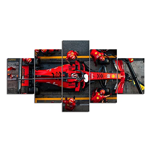 SINGLEAART Leinwanddrucke,5 Teilige Leinwand,5 Stück Wandbild,Wohnzimmer Dekoration,Modular Wandkunst,Brettmalerei,Geburtstagsgeschenk,Charles Leclerc F1 Ferrari Rennwagen,150×80cm,Mit Rahmen von SINGLEAART