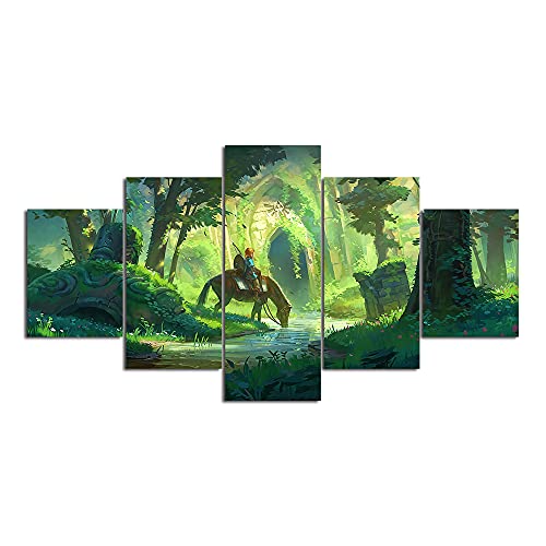 SINGLEAART Leinwanddrucke,5 Teilige Leinwand,5 Stück Wandbild,Wohnzimmer Dekoration,Modular Wandkunst,Brettmalerei,Geburtstagsgeschenk,Die Legende Von Zelda Breath of The Wild,150Cm×80Cm,Mit Rahmen von SINGLEAART