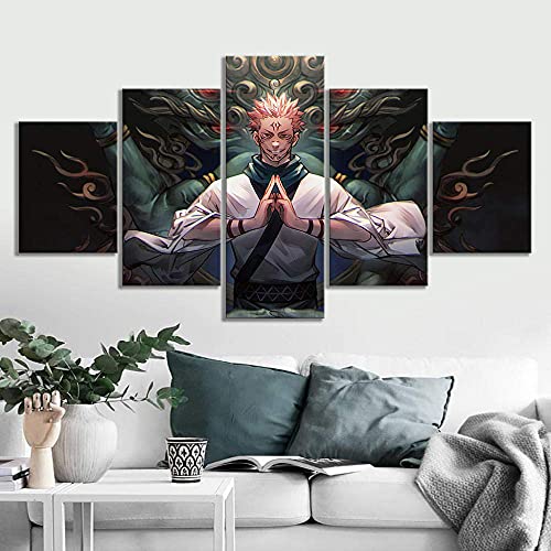 SINGLEAART Leinwanddrucke,5 Teilige Leinwand,5 Stück Wandbild,Wohnzimmer Dekoration,Modular Wandkunst,Brettmalerei,Geburtstagsgeschenk,Jujutsu Kaisen,Yuji Itadori,Sukuna,150Cm×80Cm,Mit Rahmen von SINGLEAART