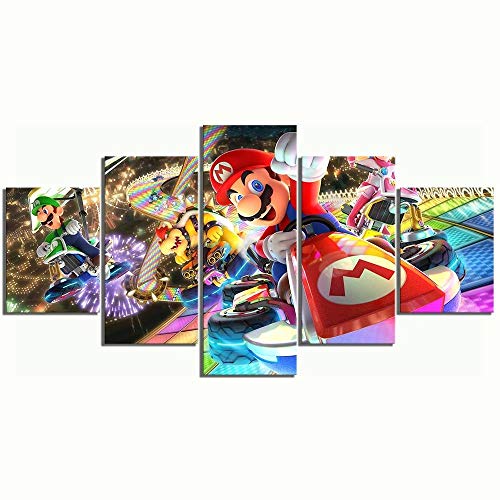 SINGLEAART Leinwanddrucke,5 Teilige Leinwand,5 Stück Wandbild,Wohnzimmer Dekoration,Modular Wandkunst,Brettmalerei,Geburtstagsgeschenk,Mario Kart Cartoon,150Cm×80Cm,Mit Rahmen von SINGLEAART