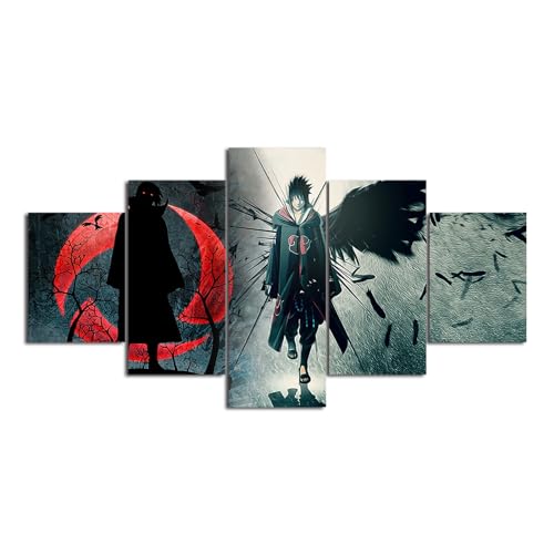 SINGLEAART Leinwanddrucke,5 Teilige Leinwand,Anime Naruto Sasuke Uchiha,Uchiha Itachi,5 Stück Wandbild,Wohnzimmer Dekoration,Modular Wandkunst,Brettmalerei,Geburtstagsgeschenk,150×80cm,Mit Rahmen von SINGLEAART