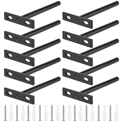 SINJEUN 10 Stück 12,5 cm schwarze schwebende Regalhalterungen, robuste versteckte Regalstütze mit Schrauben und Dehnrohren, T-Form, verdeckte Metallhalterung für Wandholzregale von SINJEUN
