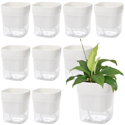 SINJEUN 10er Set Selbstbewässernde Blumentöpfe 12cm, Self Watering Pot Weiß, Kunststoff Selbstbewässernde Pflanzentöpfe Pflanzgefäße für Draussen und Innen von SINJEUN