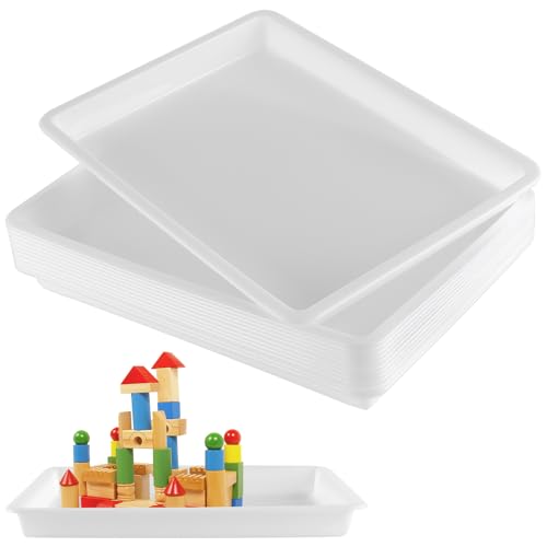 SINJEUN 12 Stück Kunsttabletts Weiß aus Kunststoff, 39,5 x 28,5 x 4 cm Materialschalen Stapelbar Aktivitätstablett, Plastikschalen Rechteckig Serviertablett für Organisieren von SINJEUN