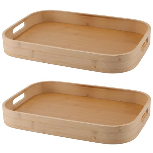 SINJEUN 2 Stück Bambus Tablett, 40 x 28 x 5 cm Tablett Serviertablett, Holzoptik Holzfarbe Tray für Küche, Wohnzimmer und Garten von SINJEUN