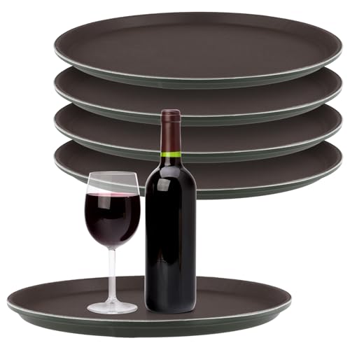 SINJEUN 5 Stück Gastro Tablett rutschfest 28 cm, Braun Kellner Tablett Kellnertablett Serviertablett rutschfest Rund für Café, Bar, Restaurant von SINJEUN