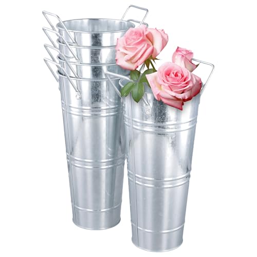 SINJEUN 5er Set Verzinkte Metallvase 11 x 23 cm, Metalleimer Blumentopf mit Griff, Blumeneimer Metall Eimer Blumenvase Vintage für Blumenarrangement, Erwachen, Deko von SINJEUN
